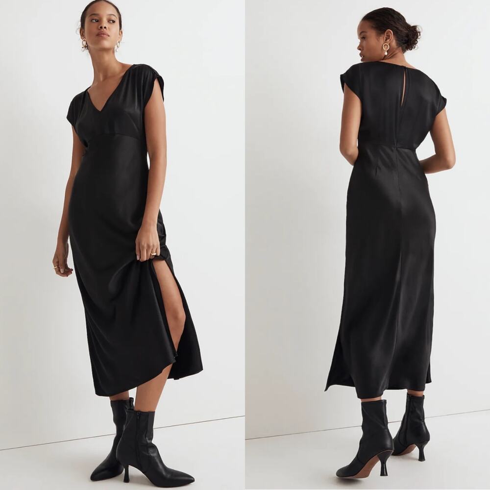 NWT Madewell Wide V-Neck Midi Dress in True Black Size 0‎